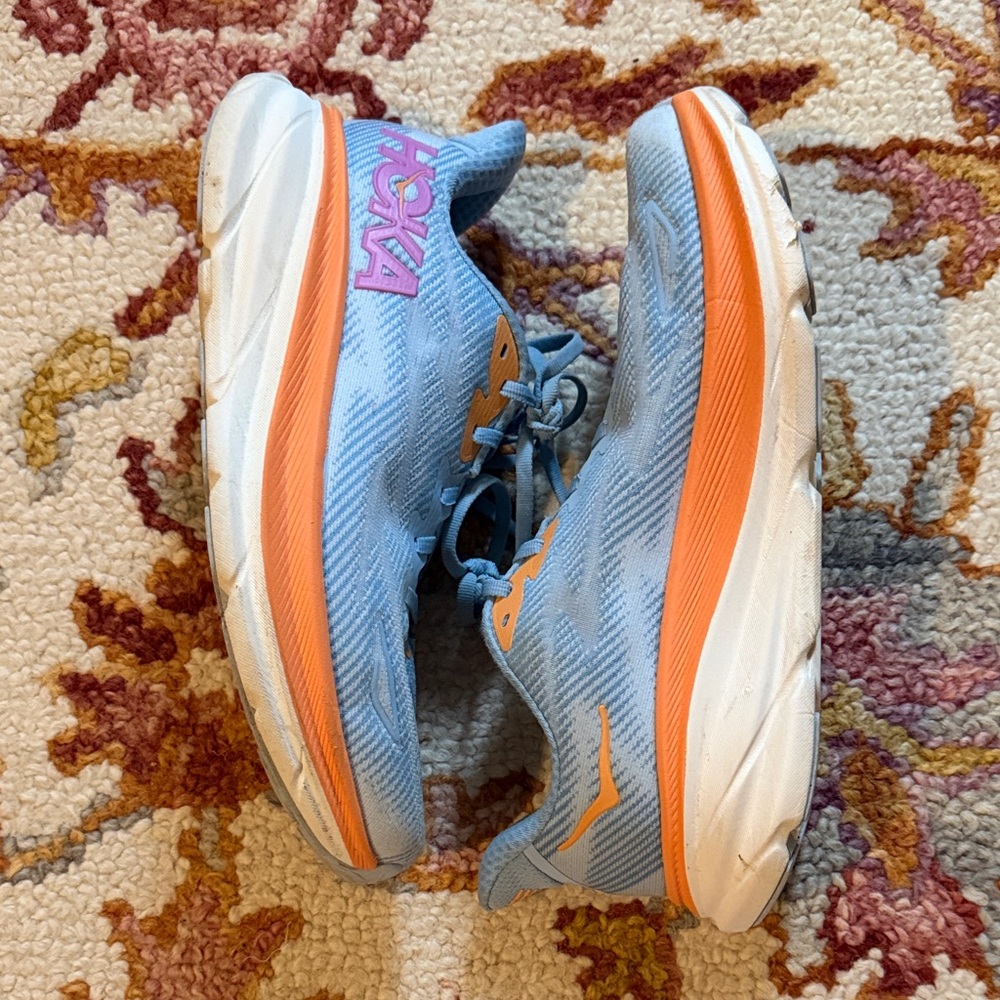 Hoka Light Blue and Bright Orange Running Shoes Womens Clifton 9s